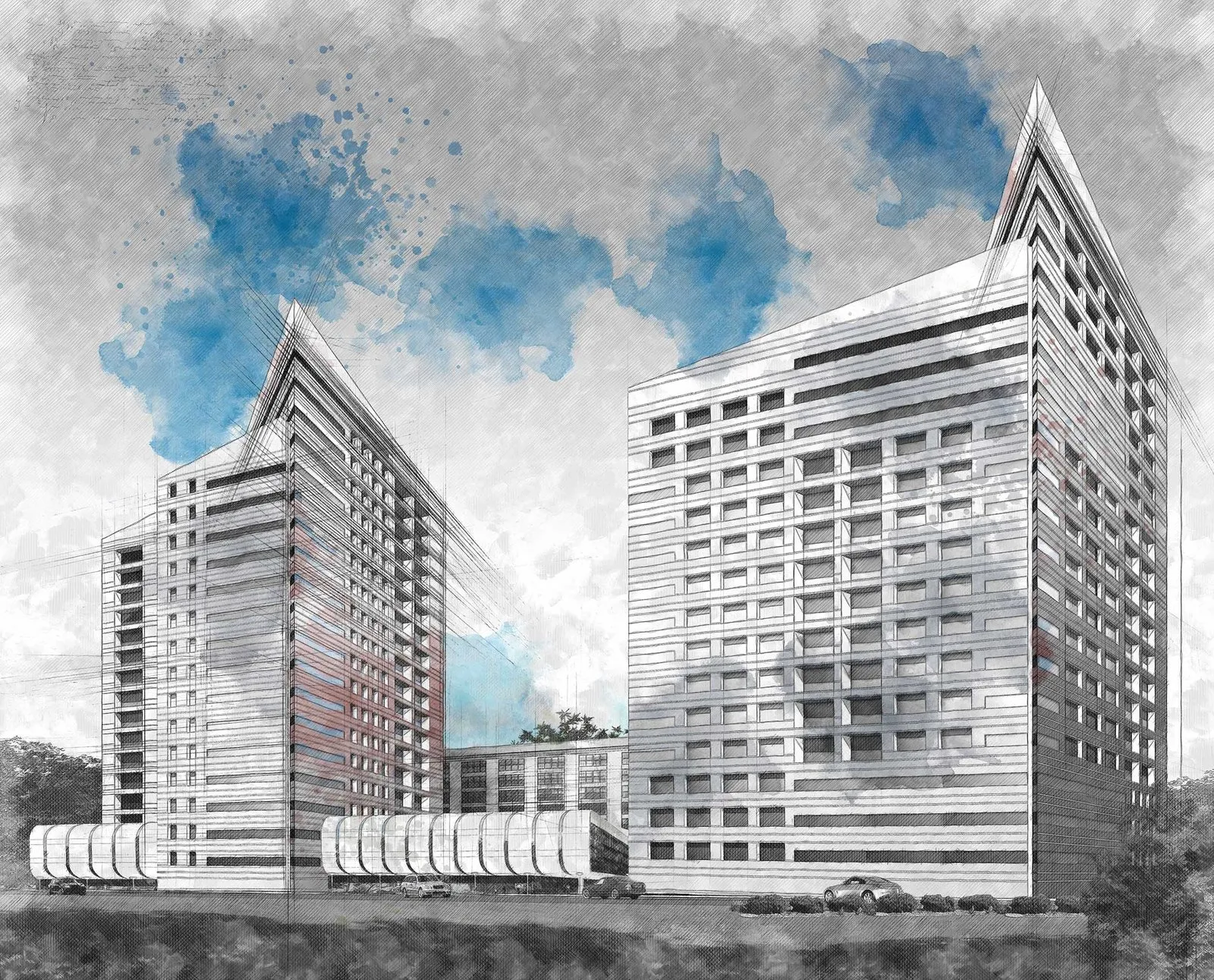 Architectural perspective drawing of two faceted towers, rendered in pencil and watercolour wash